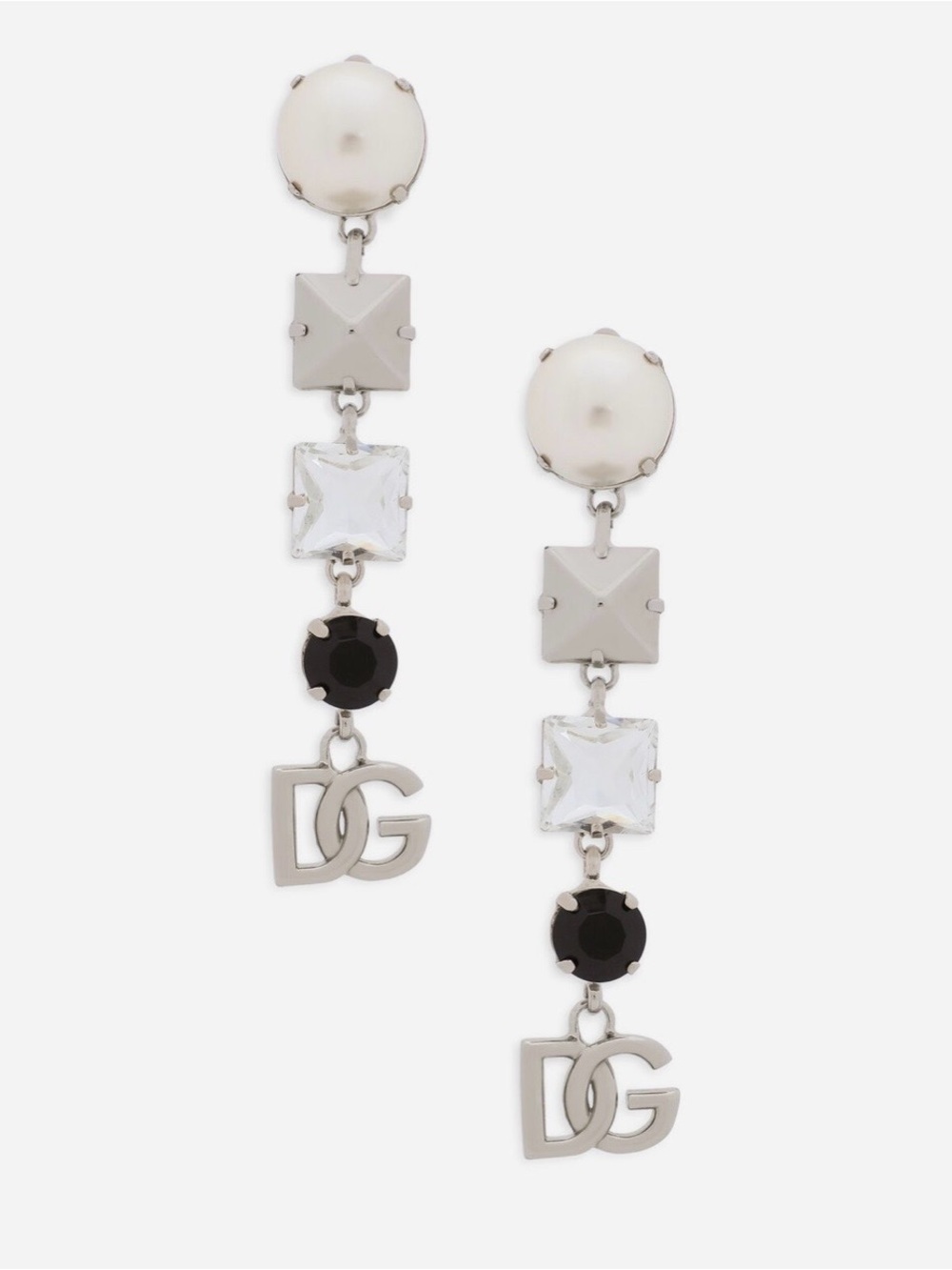 Dolce & Gabbana Palladium Geometric Drop Earrings • Pearl & Crystal • DG Logo - Picture 5 of 6